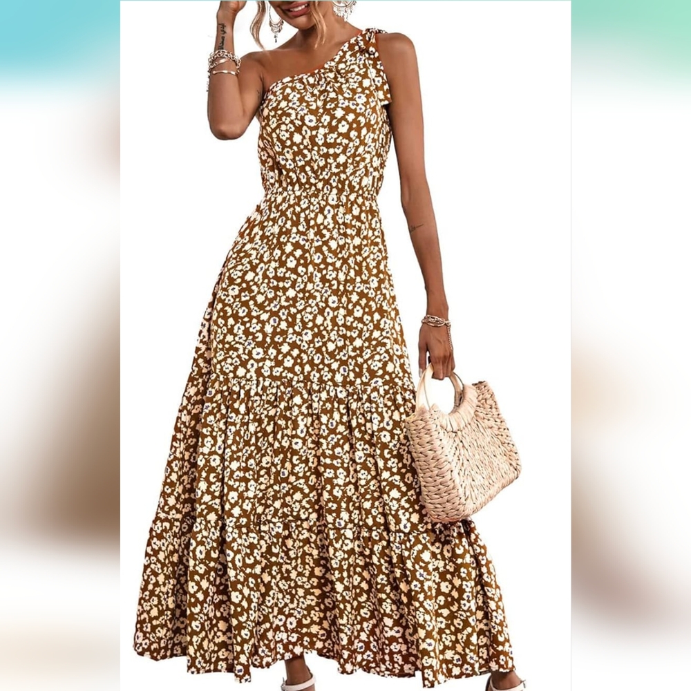 Brown and Cream Halter Tiered Maxi Dress